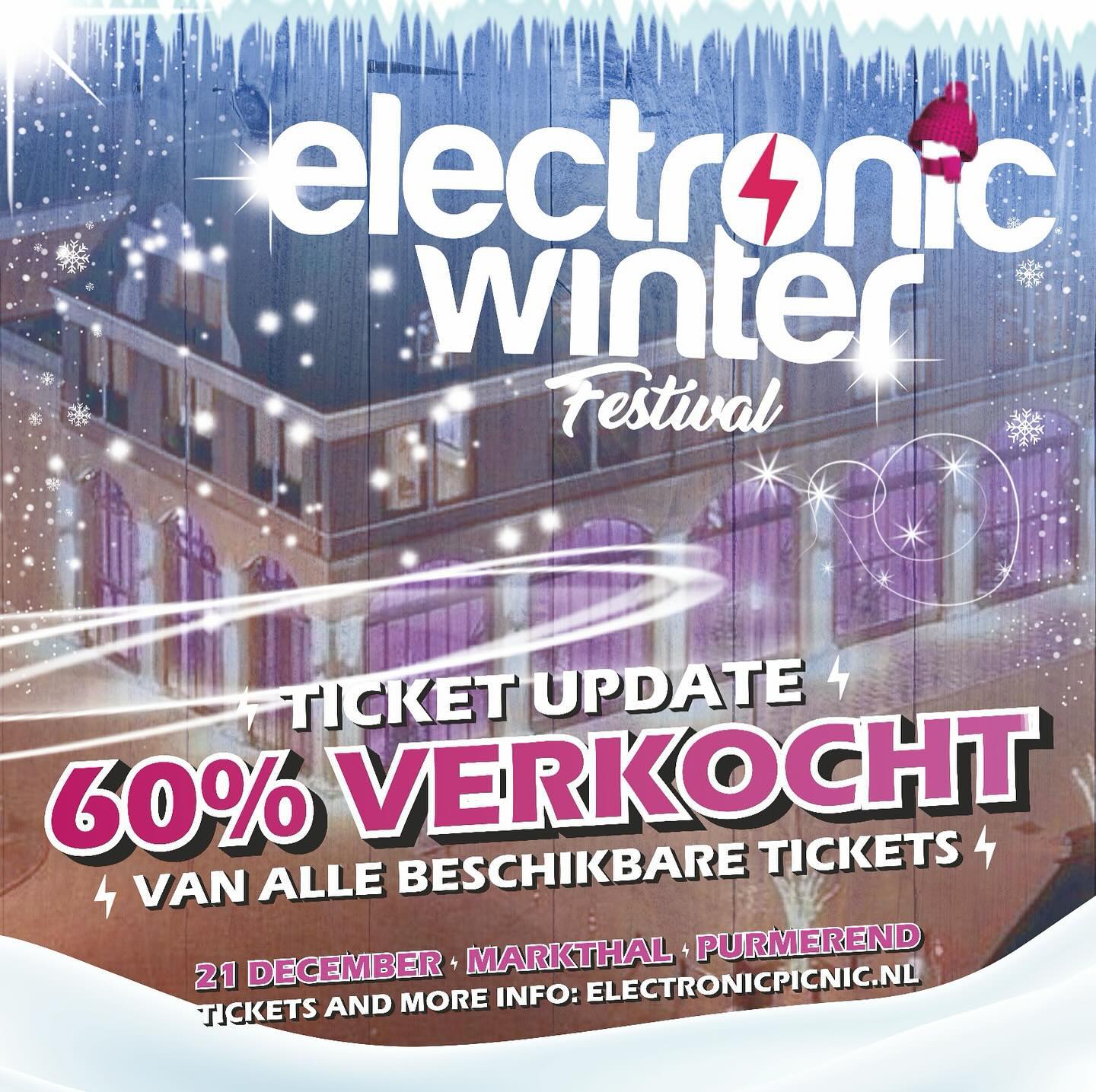 🔥𝗞𝗮𝗮𝗿𝘁𝘃𝗲𝗿𝗸𝗼𝗼𝗽 𝗴𝗮𝗮𝘁 𝗵𝗮𝗿𝗱❗🔥
❄️ 60% van alle tickets is al verkocht! ❄️

Mis jouw kans niet om deze epische winter-editie mee te maken in de Markthal op de Koemarkt Purmerend, vol dikke beats, sfeervolle lichtshows, foodtrucks en natuurlijk een heerlijke line up met oa. @djlafuente . 🎶✨

📅 Datum: Zaterdag 21 December
📍 Locatie: Markthal, Purmerend 

Wacht niet te lang, want op = op❗🎟️ Ga nu naar onze website en verzeker jezelf van een onvergetelijk 𝗘𝗹𝗲𝗰𝘁𝗿𝗼𝗻𝗶𝗰 𝗪𝗶𝗻𝘁𝗲𝗿 𝗙𝗲𝘀𝘁𝗶𝘃𝗮𝗹 ⛄! 💥 electronicpicnic.nl 

#electronicwinterfestival #kaartverkoop #DanceEvent #wintervibes #soldoutinsight